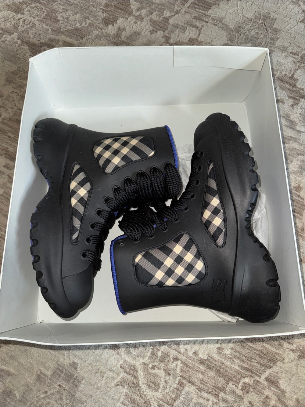 Burberry Black Combat Boots with Beige Check Panels